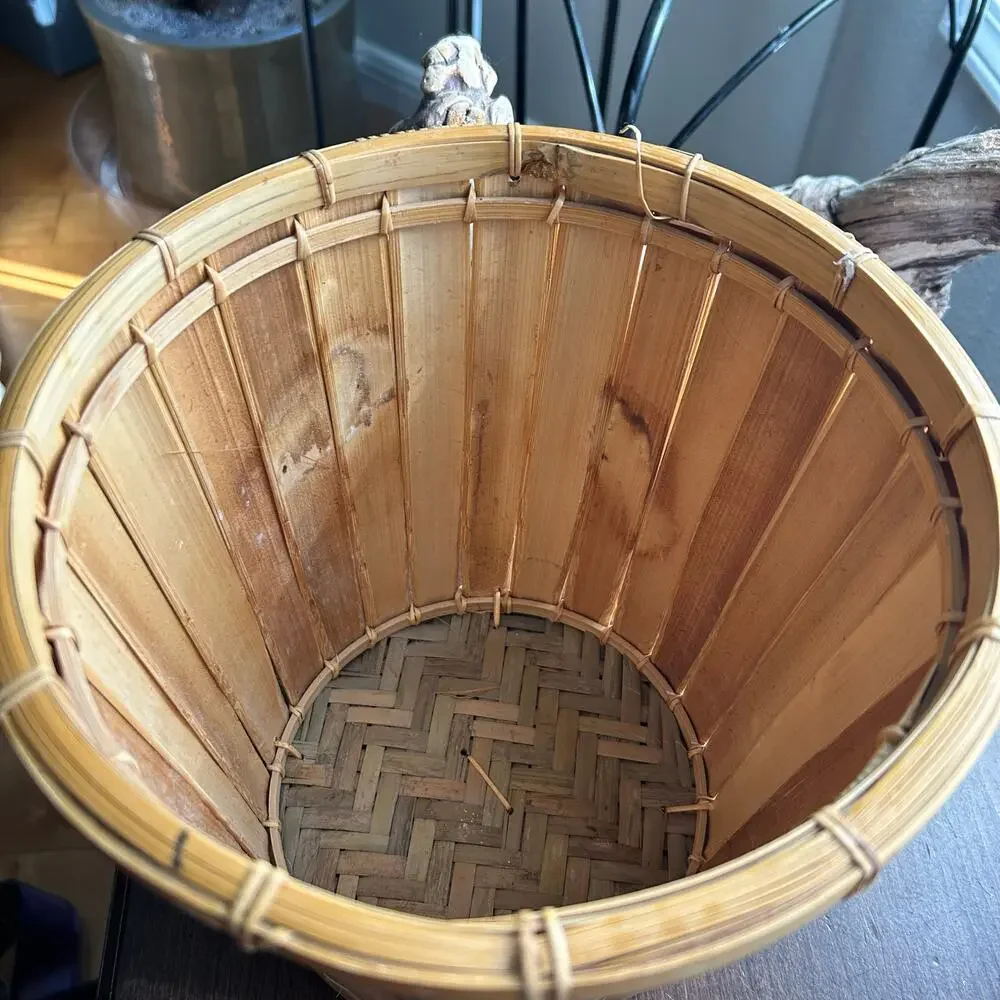 Vintage split reed Rattan and Bamboo planter waste basket trashcan
